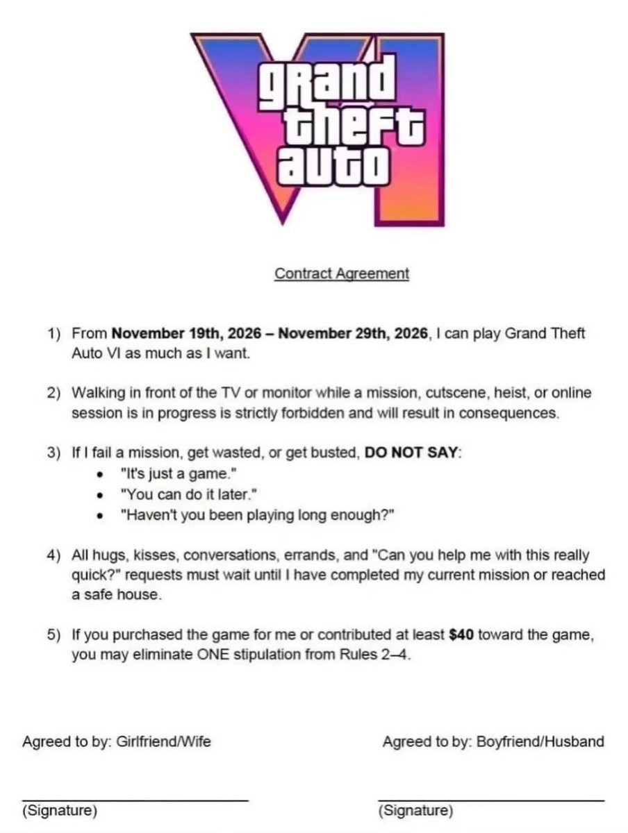 GTA6下月就发售 情侣签游戏协议 这十条生存规则赶紧看